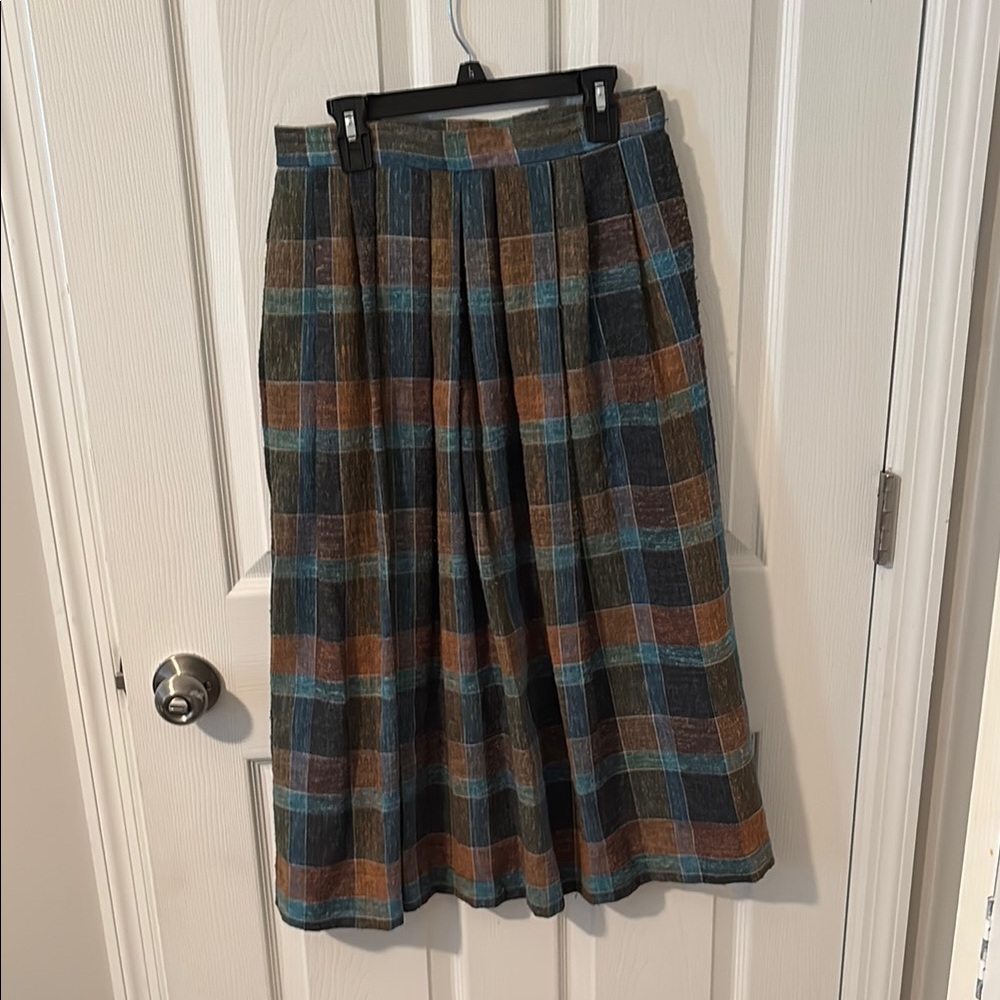Vintage Blue and Brown Pleated Midi Skirt for Work